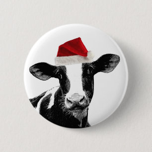 Badge Rond 5 Cm Vache à Père Noël - vache laitière utilisant l
