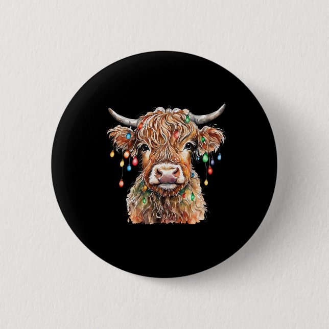 Badge Rond 5 Cm Vache Écossaise Fluffy Avec Lumières De Noël Chris (Devant)