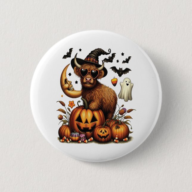 Badge Rond 5 Cm Vache Highland à l'Halloween Citrouille (Devant)