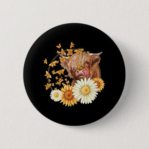Badge Rond 5 Cm Vache Highland avec marguerites de tournesol Papil