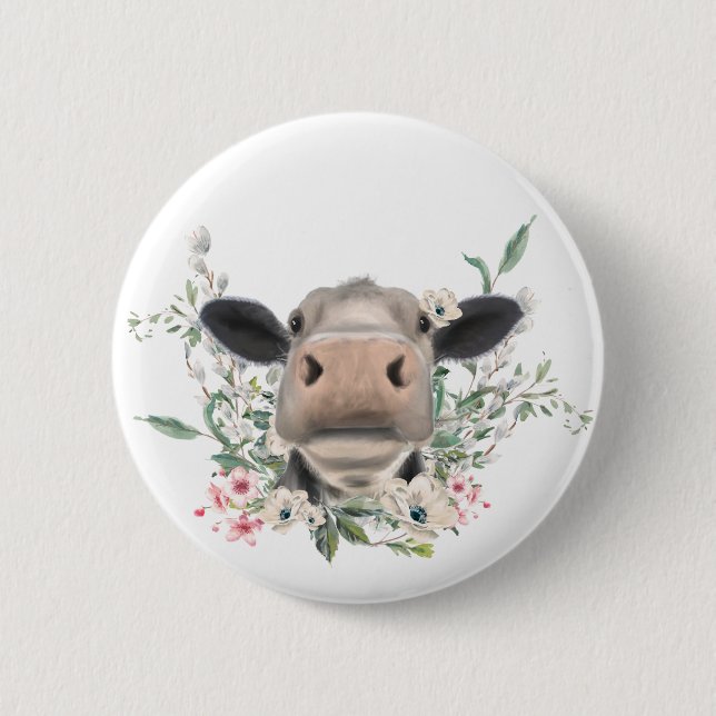 Badge Rond 5 Cm vaches nez baiser fleurs aquarelle gris animal de  (Devant)