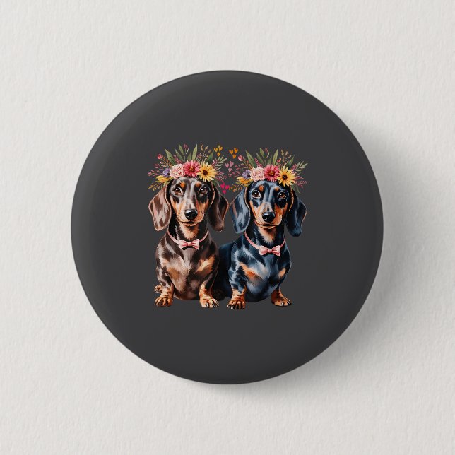 Badge Rond 5 Cm Valentine Dachshund Matching Couple Love Floral Do (Devant)