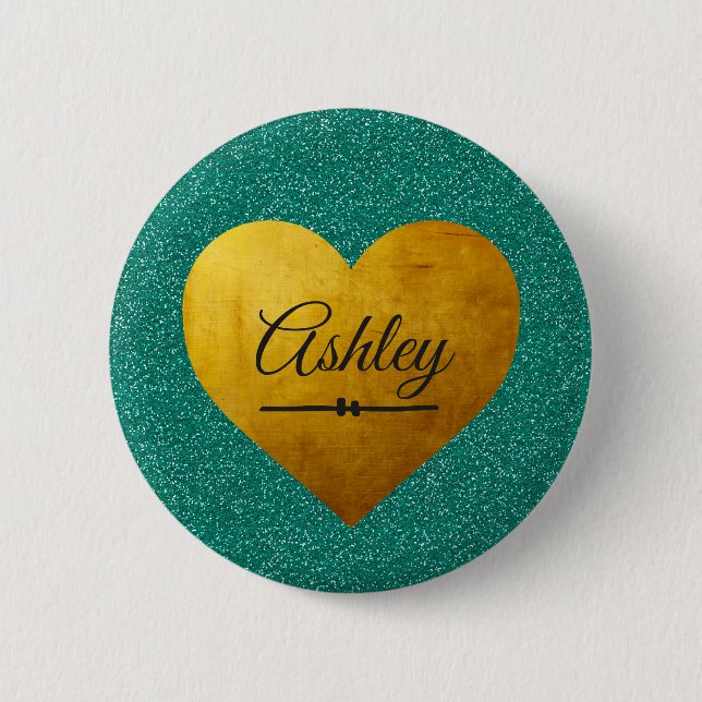 Badge Rond 5 Cm Valentine Emerald Parties scintillant Gold Heart N (Devant)