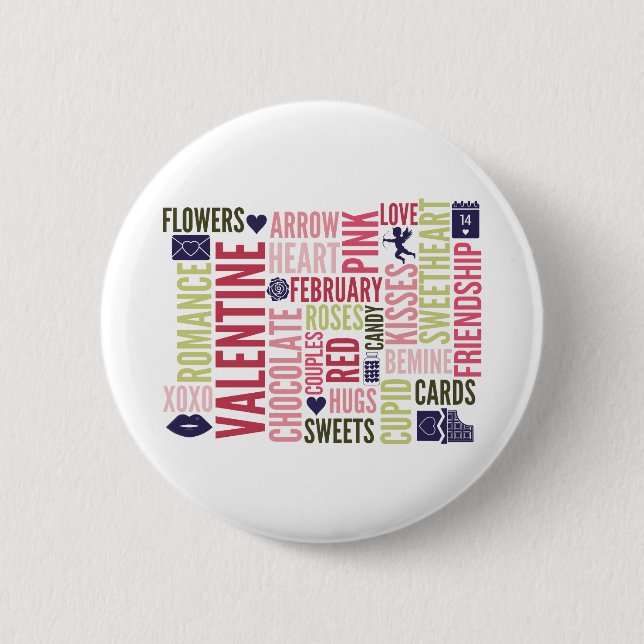 Badge Rond 5 Cm Valentine Words Valentine's Day Round Button (Devant)
