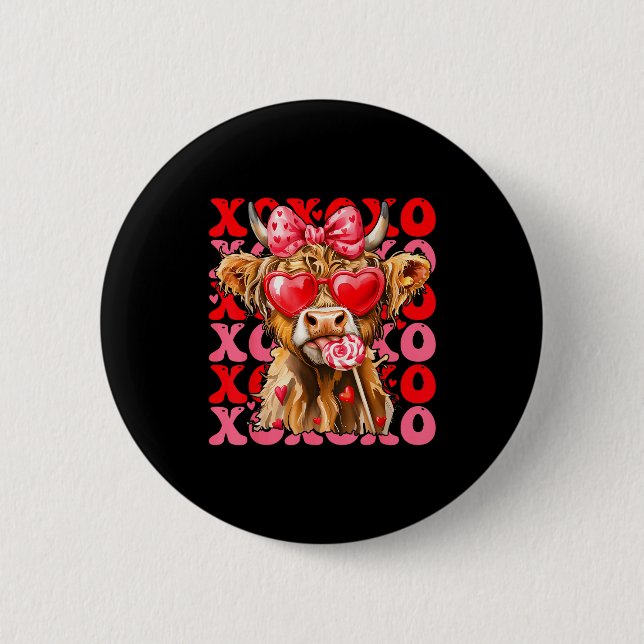 Badge Rond 5 Cm Valentine Xoxo Highland Cow Cute Coquette Bow West (Devant)