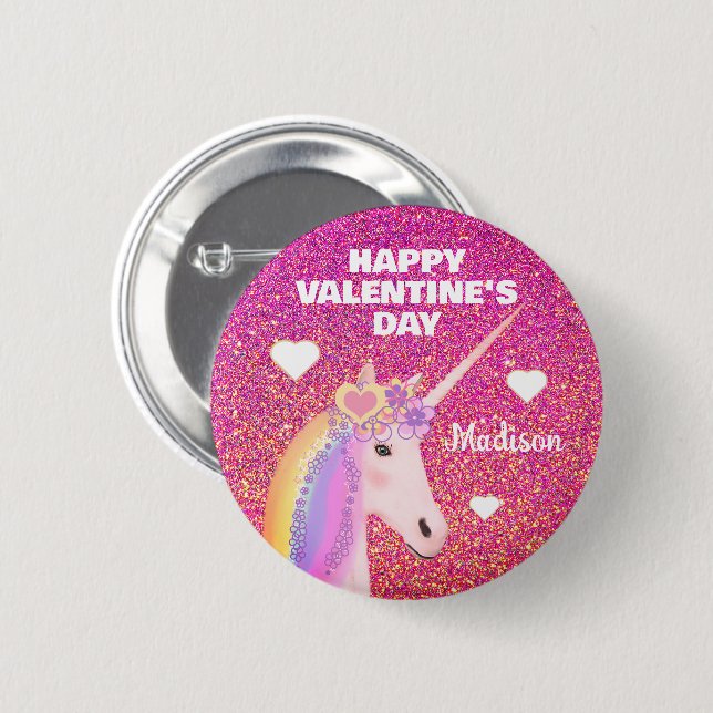 Badge Rond 5 Cm Valentines Day Unicorn Parties scintillant rose Pe (Devant & derrière)