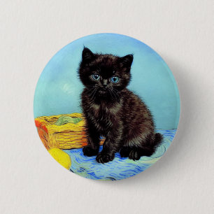 Badge Rond 5 Cm Van Gogh Black Kitten avec fils