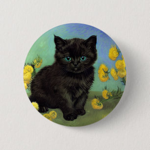 Badge Rond 5 Cm Van Gogh Chat noir Fleurs jaunes