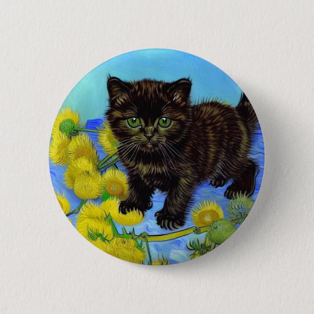 Badge Rond 5 Cm Van Gogh Style Chat avec tournesol (Devant)