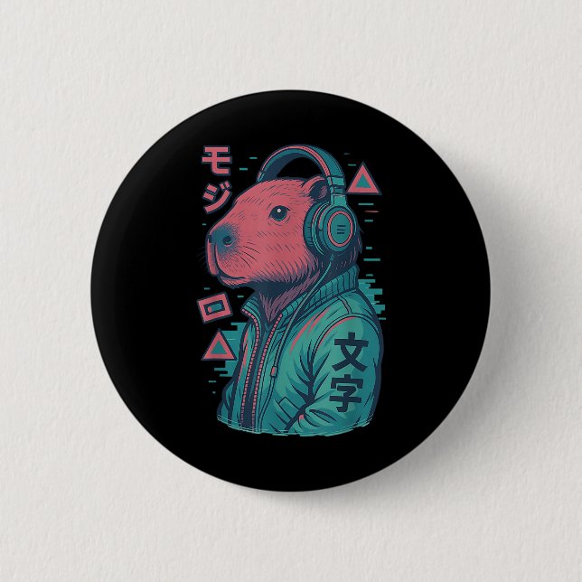 Badge Rond 5 Cm Vaporwave Capybara Anime d'art japonais Manga Ukiy (Devant)