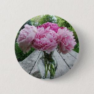 Badge Rond 5 Cm Vase de pivoines roses
