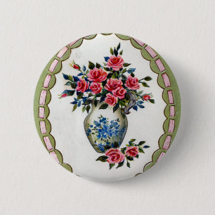 Badge Rond 5 Cm Vase de roses avec un cadre de ruban