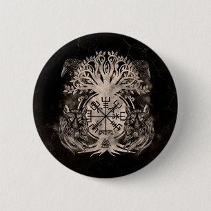 Badge Rond 5 Cm Vegvisir -Yggdrasil With Ravens & Wolves