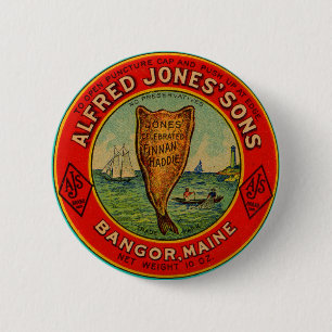 Badge Rond 5 Cm vers 1900 Alfred Jones Sons Finnan Haddie étiquett