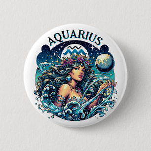 Badge Rond 5 Cm Verseau Porteuse d'Eau Femme Magnifique Astrologie