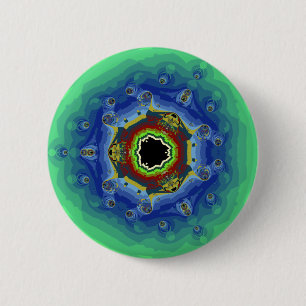 Badge Rond 5 Cm Vert bleu de mandala de fractale de paon