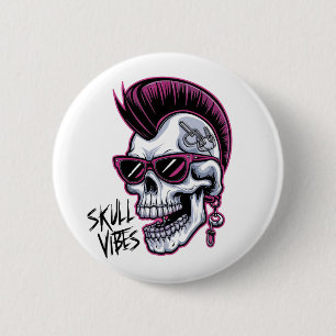 Badge Rond 5 Cm Vibes de crâne punk. Crâne cool avec lunettes de s