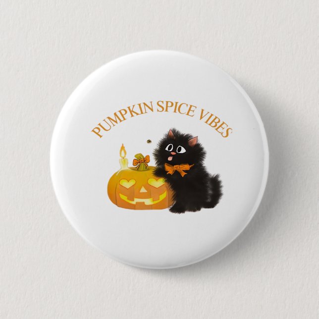 Badge Rond 5 Cm Vibes d'épices citrouilles, Halloween, chat noir,  (Devant)