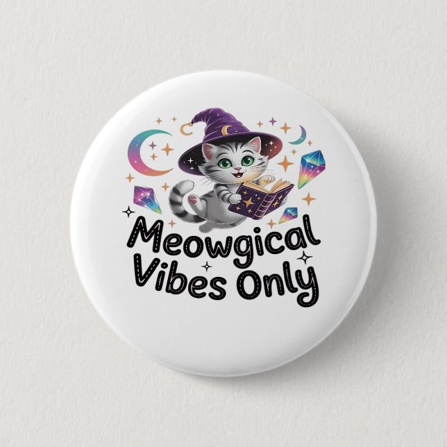 Badge Rond 5 Cm Vibes Méowgiques Uniquement, Chat Kawaii Witch Flo (Devant)