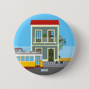 Badge Rond 5 Cm Vieille maison de Lisbonne avec chats et tramway j