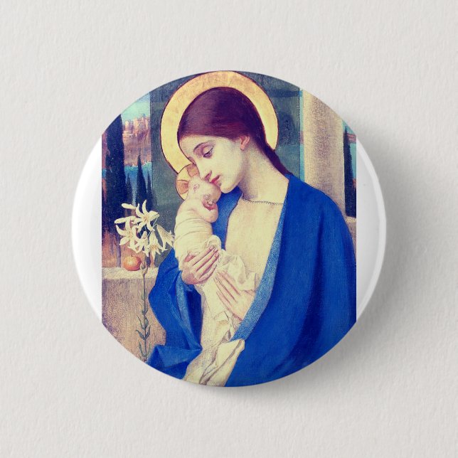 Badge Rond 5 Cm Vierge Marie et enfant par Marianne Stokes (Devant)