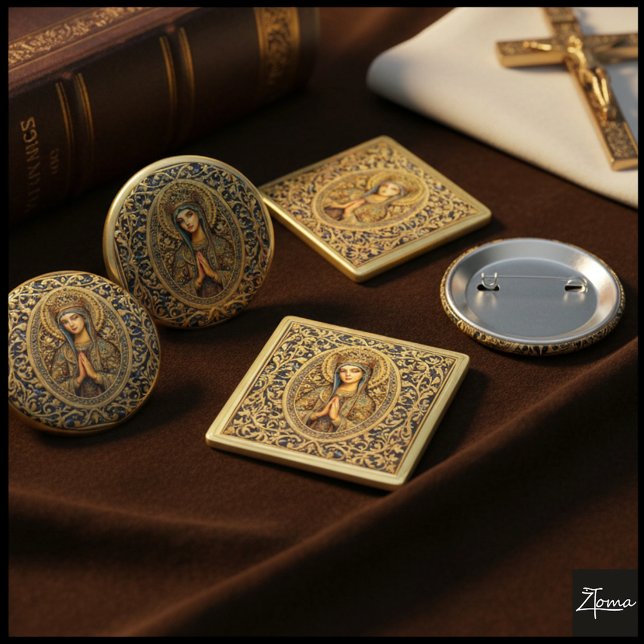 Badge Rond 5 Cm Vierge Marie Révérence Dorée (Créateur téléchargé)