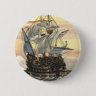 Badge Rond 5 Cm Vieux bateau pirate, galion naviguant sur l'océan