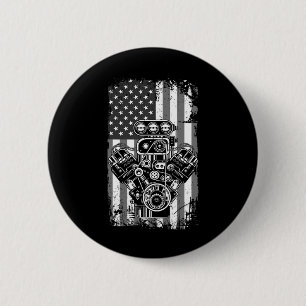 Badge Rond 5 Cm Vieux Véhicule Musclé Piston Drapeau Américain Drô