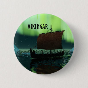 Badge Rond 5 Cm Viking Navire Et Lumières Du Nord
