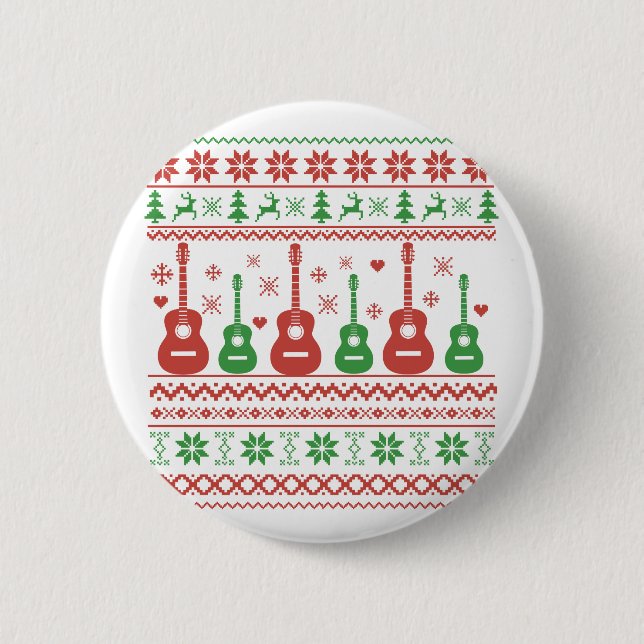 Badge Rond 5 Cm Vilain joyeux pull de Noël guitare acoustique (Devant)