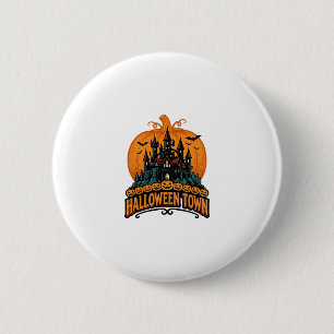 Badge Rond 5 Cm Ville d'Halloween Château Hanté Vintage Citrouille