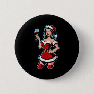 Badge Rond 5 Cm Vin de Noël Santa Fille Fête de Vacances Drôle de