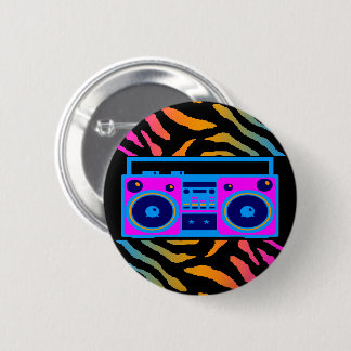 BADGE ROND 5 CM VINTAGE 80 RÉTRO BOOMBOX RAYURES DE TIGRE ÉPINGLE