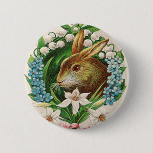 Badge Rond 5 Cm Vintage Bunny Floral Wreath Salutations de Pâques