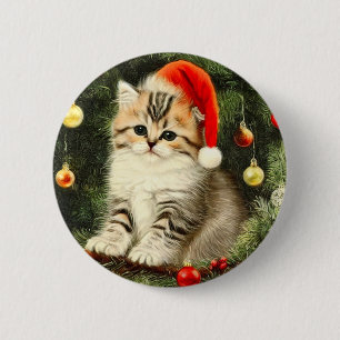 Badge Rond 5 Cm Vintage Christmas Kitten