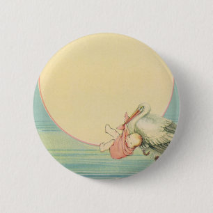 Badge Rond 5 Cm Vintage cigogne avec petite fille dans une couvert