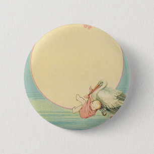Badge Rond 5 Cm Vintage cigogne avec petite fille dans une couvert
