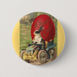 Badge Rond 5 Cm Vintage drôle Pâques, Lapin Rabbit Oeuf Automobile