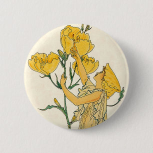 Badge Rond 5 Cm Vintage Fairy Tale, Soirée Primrose, Walter Crane