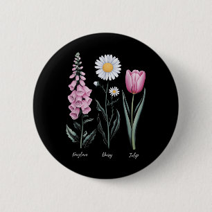 Badge Rond 5 Cm Vintage Floral Plante Foxglove Daisy Tulip Flower