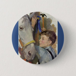 Badge Rond 5 Cm Vintage Garçon avec son ruban bleu Cheval gagnant