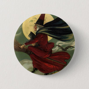 Badge Rond 5 Cm Vintage Halloween sorcière Broomstick avec chat