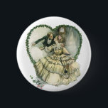 Badge Rond 5 Cm Vintage Harrison Fisher, Christmas Bride and Groom<br><div class="desc">Vintage illustration love and romance image by Harrison Fisher,  1908. A Victorian couple dressed in a tuxedo and wedding gown kissing on New Year's Eve at the stroke of midnight inside of a heart made of Christmas holly. The happy newlyweds kiss. Great image to use for a December wedding.</div>