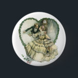 Badge Rond 5 Cm Vintage Harrison Fisher, Christmas Bride and Groom<br><div class="desc">Vintage illustration love and romance image by Harrison Fisher,  1908. A Victorian couple dressed in a tuxedo and wedding gown kissing on New Year's Eve at the stroke of midnight inside of a heart made of Christmas holly. The happy newlyweds kiss. Great image to use for a December wedding.</div>