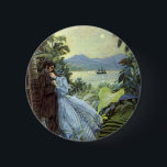 Badge Rond 5 Cm Vintage Love and Romance, Romantic Tropical View<br><div class="desc">Vintage illustration Victorian love and romance design with a young couple hugging under palm trees in the light of a full moon. A ship is in the sea harbor and mountains in the distance.</div>