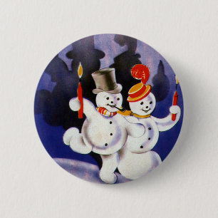 Badge Rond 5 Cm Vintage Noël Dancing Snowmen avec bougies