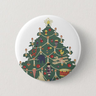 Badge Rond 5 Cm Vintage Noël Enfants autour d'un arbre décoré
