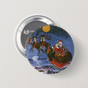 Badge Rond 5 Cm Vintage Noël Le Père Noël Volant Son Sommeil