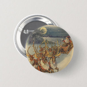 Badge Rond 5 Cm Vintage Noël Père Noël Sleigh avec Reindeer