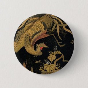 Badge Rond 5 Cm Vintage Phoenix Gold Black Bird japonais